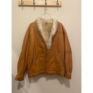 Vintage women golden tan bomber Sherpa lined genuine leather jacket 90s 80s